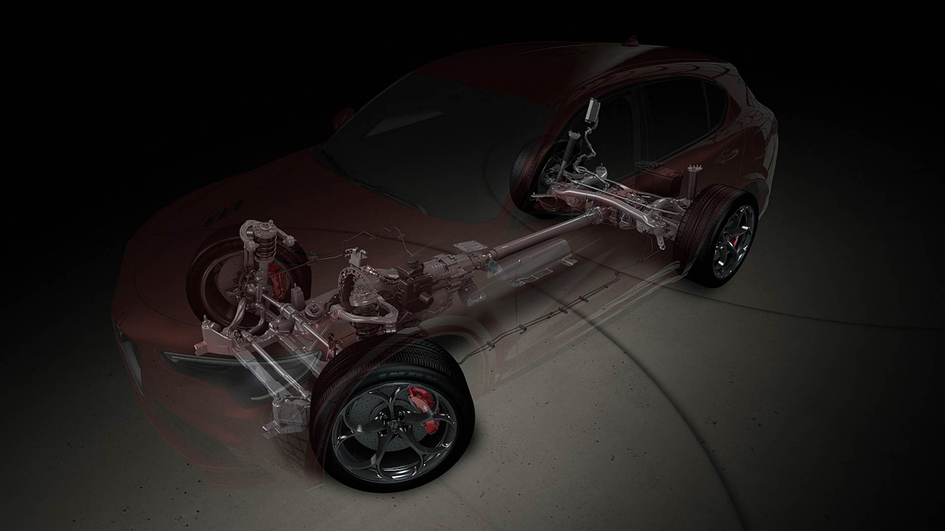 Schema in trasparenza della Alfa Romeo Stelvio con motore, cambio e differenziali